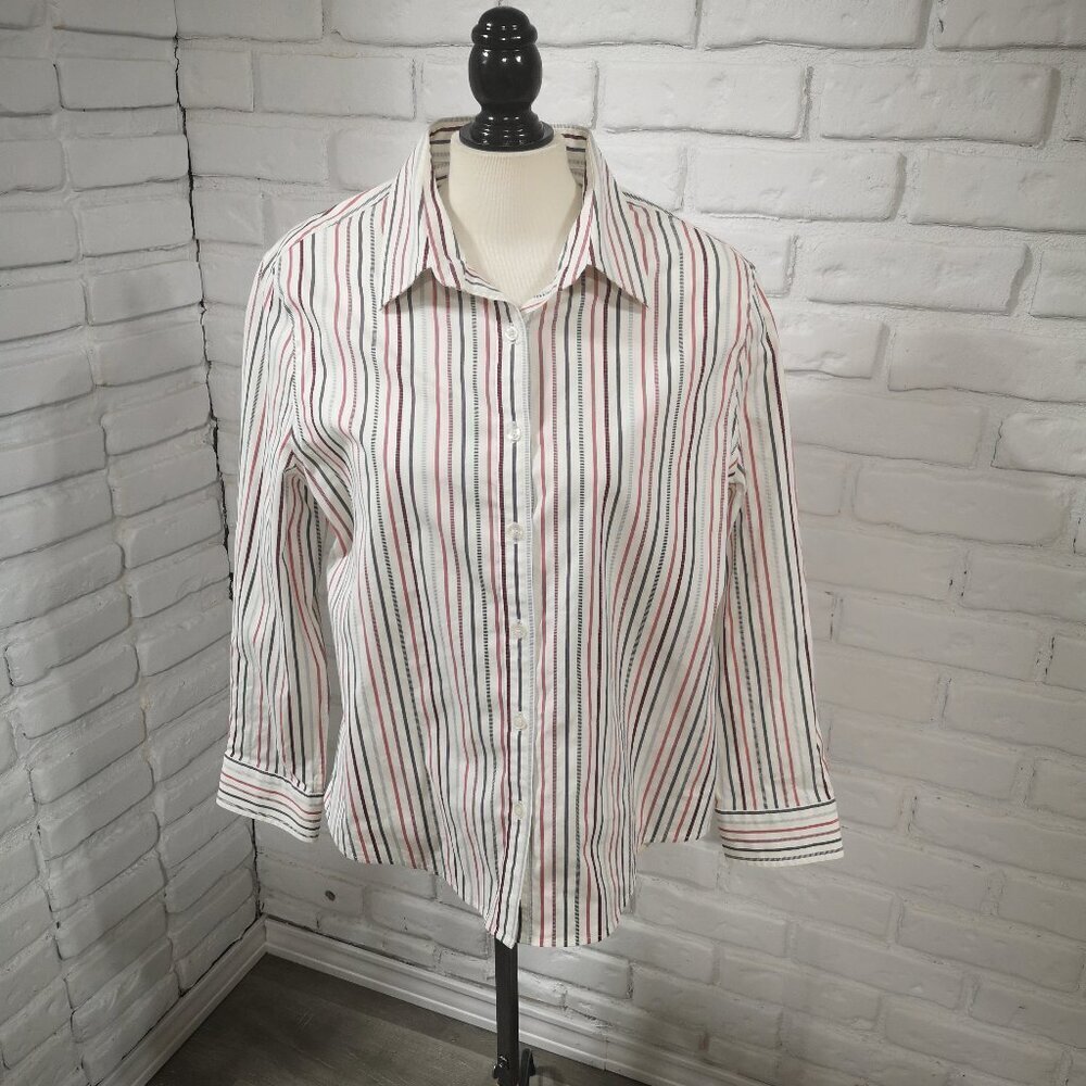 Tabi Wrinkle Resistant Stretch Ladies Size XL Red Grey White Striped Shirt